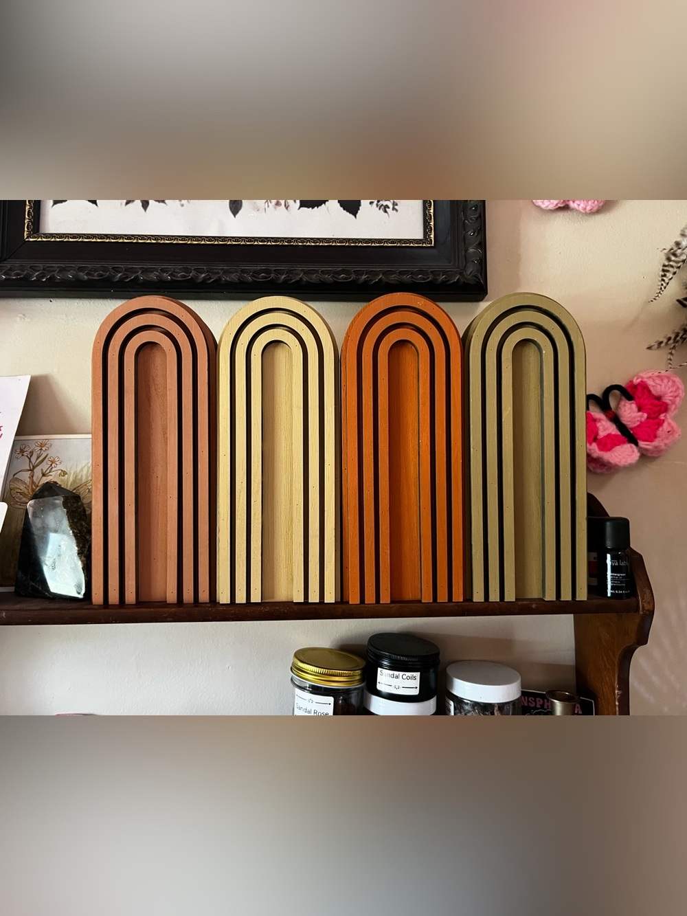 Hand Crafted Layered Wooden Rainbow Set in Terracotta, Cream, Orange, and Olive